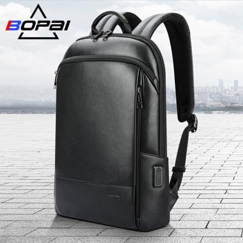 BOPAI Genuine Leather Slim Laptop Backpack Ultra Thin Men 15.6 Inch Anti Theft Backpacks School Unisex Black Ultralight Bagpack