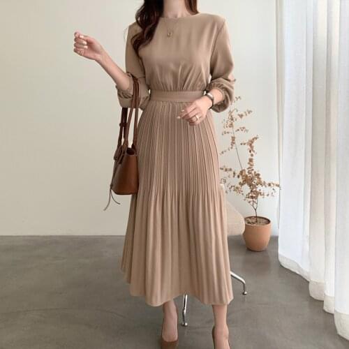 Chic O-neck Lac-up Pleated Dress for Women Casual Full Sleeve Slim Autumn Office Ladies Midi Dress Elegant Vestidos Femme
