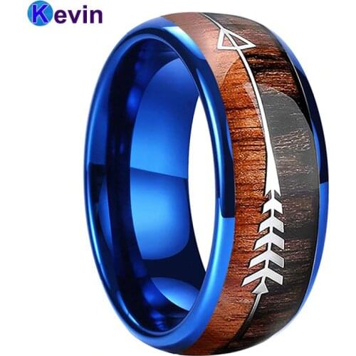 Blue Wedding Band Tungsten Wedding Ring Dome Band 8MM With Double Woods And Arrow Inlay