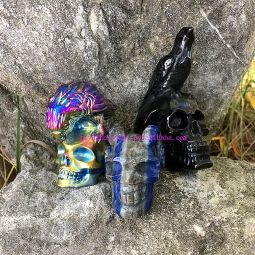 Angel Aura Natural Crystal Skull Statue Carved Crystal Crow Figurine Healing Crystals Wicca Altar Supplies Halloween Skull Decor