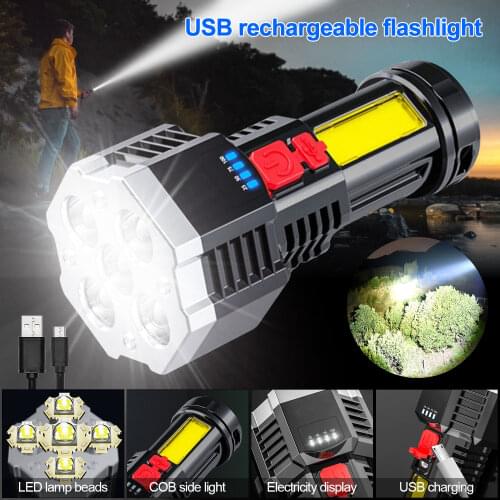 Waterproof 4*LED Flashlight with COB Side Light USB Rechargeable Spotlight 4 Modes Torch for Camping Hiking