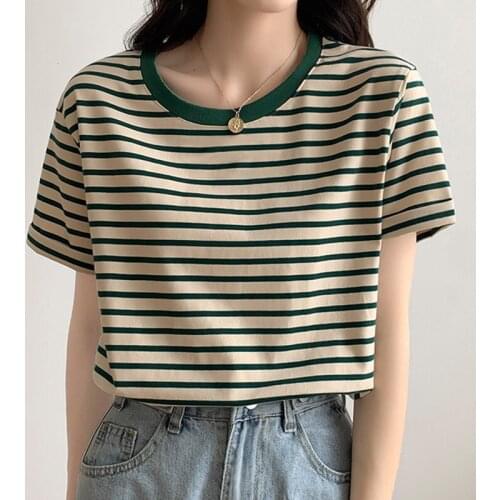 Women T-Shirt Cotton Short Sleeve O-Neck Lady T Shirt Green Striped Summer Female Blusa Plus Size Fashion Harajuku Top Tee