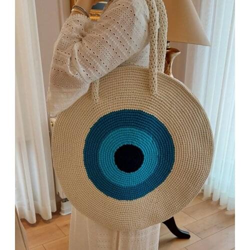 Hand knitted and completely handmade evil eye bead design lined beach bag 100% cotton rope for Women 2021 Summer Beach Bag Bohem