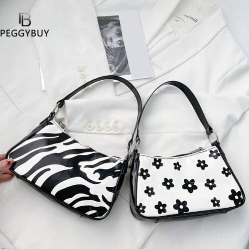 PU Leather Women Underarm Bag Retro Zebra/Flower Handbags Fashion Design Small Shoulder Bags Daily Zipper Tote