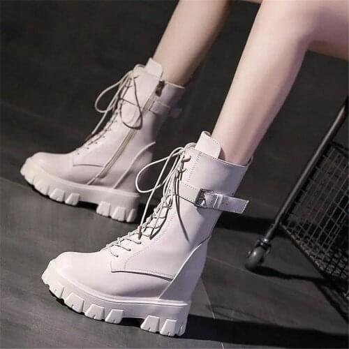 Platform Ankle Boots Height Increasing Lace Up Shoes Women Thick Sole Motorcycle Boots Punk Black Chunky Sneakers Zapatos Mujer