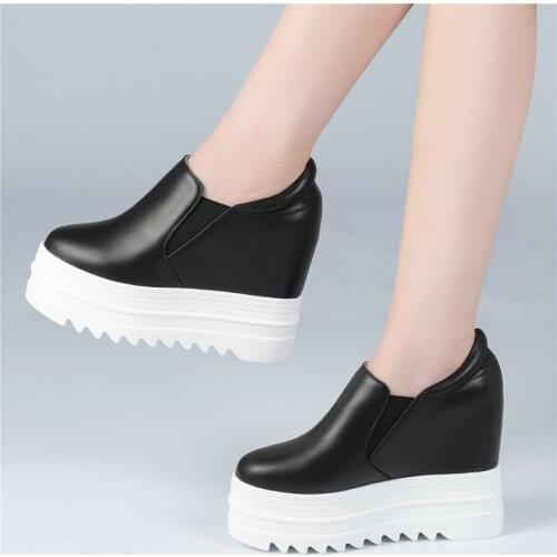 12cm High Heel Creepers Women Genuine Leather Platform Wedges Ankle Boots Female Med Top Round Toe Fashion Sneakers Casual Shoes