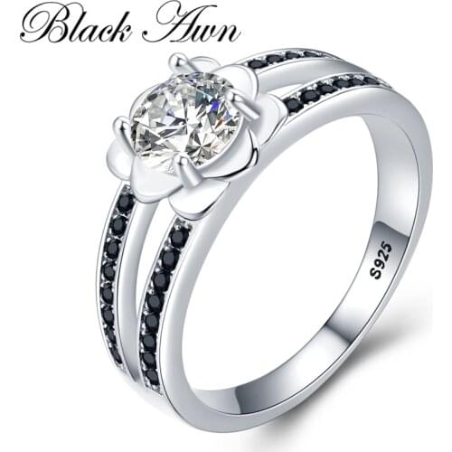 New Fower 925 Sterling Silver Fine Jewelry Engagement Black Spinel Round Engagement Ring for Women Anillos Mujer G092