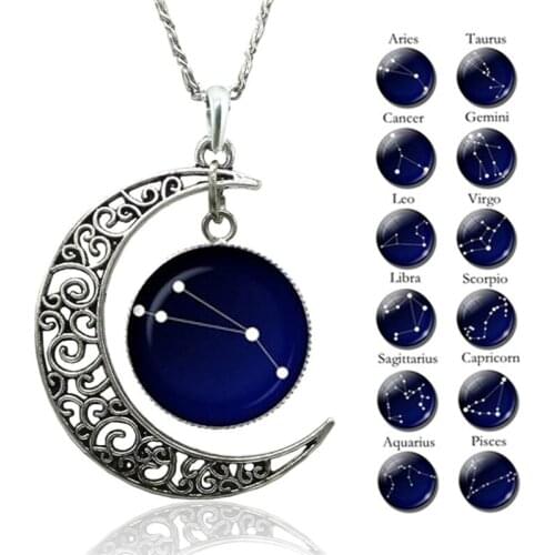 12 Constellation Necklace Zodiac Signs Cabochon Glass Crescent Moon Pendant Clavicle Chain Necklace Birthday Gifts for Women