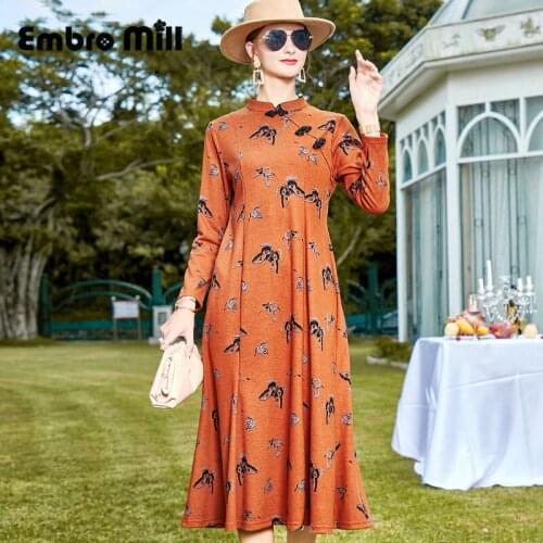 Cheongsam Butterfly Flower Splice Disc buckle Womens Long SleeveAutumn And Winter New Retro Print Long Dress M-2XL