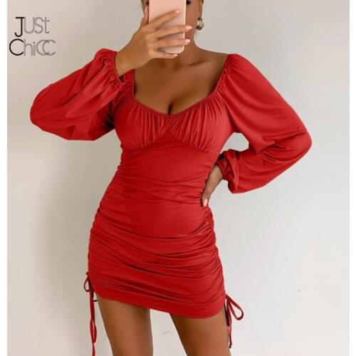 Justchicc Drawstring Sexy Bodycon Dress Women Ruched Long Sleeves Backless Summer Dresses Solid O Neck Mini Dress 2021