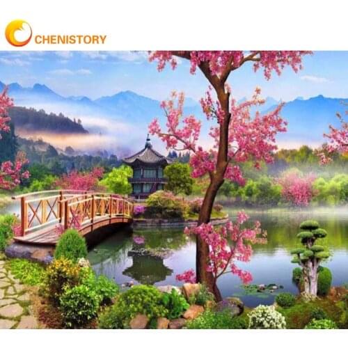 CHENISTORY Pictures By Number Peach Blossom Flower House Handpainted Home Decorr Landscape Drawing Canvas Wall Art Gift