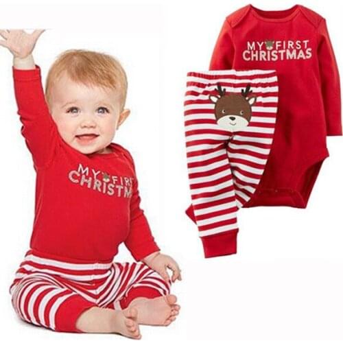 Xmas Newborn Baby Boys Girls Christmas Letter Cartoon Romper Stripe Elk Long Pants Clothes Outfits Winter Autumn Set