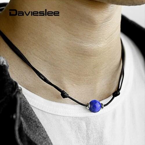 Choker Single Bead Leather Necklace for Men Boys Lava Tiger Eye Lapis Lazuli Hematite Metal Stone Adjustable Teen Jewelry DNM25