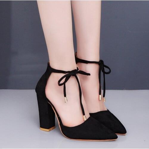 New Black Suede Pointed Toe Cross Ankle Strap High Heels Pointed Toe Hollow Lace-up Sandals Women Pumps Dress Party Shoes