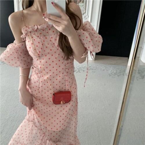 French waist Pink dots dress temperament fairy Spring and Autumn new style Puff sleeve party dress A-line mid-length dress2021