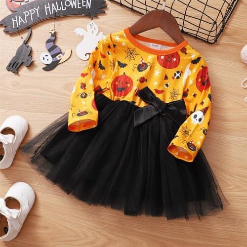 Prowow Baby Halloween Dress Patchwork Kids Toddler Baby Girls Clothes Pumpkin Baby Lace Dresses Long Sleeve Childrens Clothing