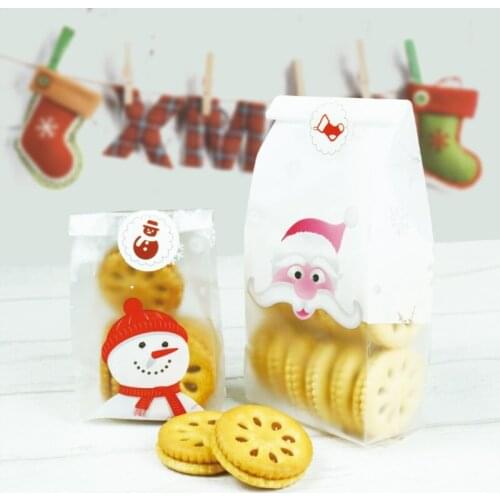 Christmas Cartoon Santa Packing Bag Food Grade Plastic Transpare Bag Bread Stickup Sack Bakery Restaurant Shop Package 50pcs/set
