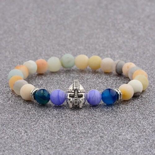 Silver Color Gladiator Helmet Colorful Stone Beads Bracelet Men Elastic Charm Amazon Stone Beaded Bracelet Pulseras AB523