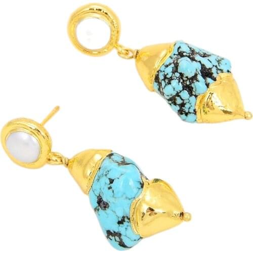 JK Natural White Pearl Blue Turquoise Gold Color Plated Stud Earrings
