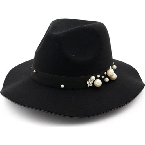 H7556 Women Woolen Fedoras Hat Female British Retro Wooden Ear Elegant Cap Autumn Winter Lady Pearl Fashion Church Banquet Caps