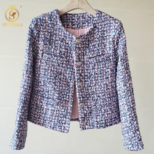 SMTHMA High Quality Runway Tweed Woolen Jacket 2021 New Autumn Women Elegant Single Breasted Color Weave Tweed Jacket Coat