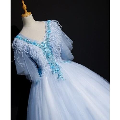 Light blue rococo embroidery feather beading ruffled medieval dress Renaissance ball gown queen Victoria/Antoinette/Belle Ball