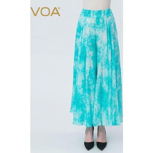 VOA Silk Georgette Blue Ink Light Gauze Trousers Printing Dyeing Literary Commuter Invisible Side Stretch Wide-leg Pants KE533