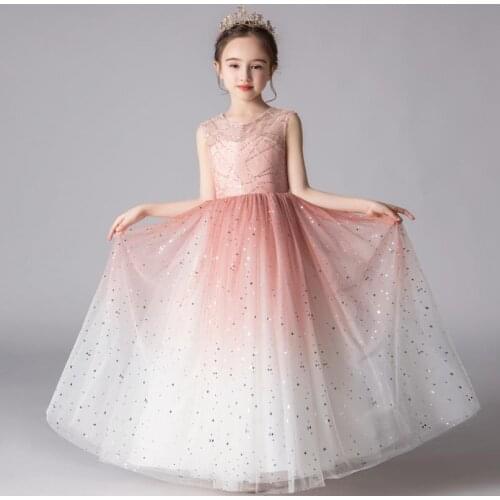High-end Sexy Mesh Stitching Evening Gown Kids Girls Elegant Wedding Flower Long Gown Princess Party Pageant Girls Dress L983
