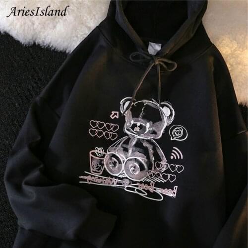 Japanese Thicken Oversized hoodie Cartoon Kawaii Bear Print Womens sweatshirt Loose Autumn Sweatshirt with hood Women clothing
