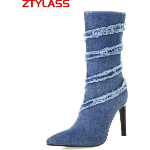 2021 Fashion Denim Ankle Boots Spring Autumn Women Boots Sexy Super High Heel Booties Pointed Toe Zipper Winter Woman Shoes