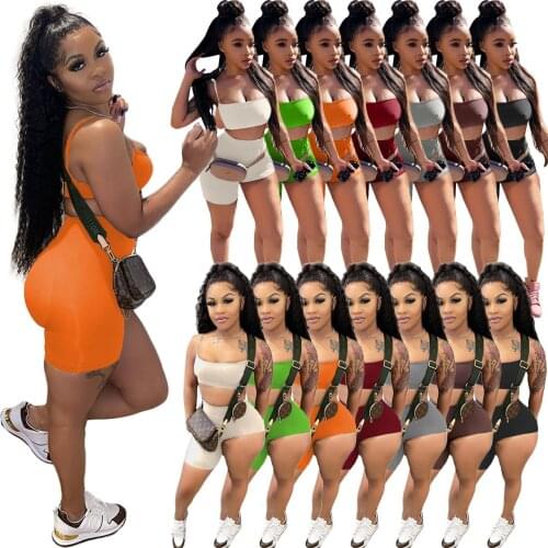 Women Summer Sexy 2 Piece Set Off Shoulder Backless Crop Top Biker Shorts Outfits Tracksuit Night Club Matching Sets