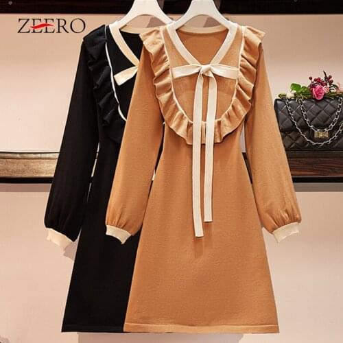 Autumn Winter Women Sweater Dress Ruffles Trim A-line Knitted Dress V-neck Tie Puff Sleeve Vintage Casual Sweet Slim Mini Dress