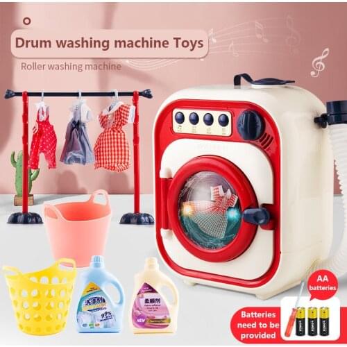 Children Washing Machine Toy Set Pretend Home Cleaning Simulation Washing Machine Mini Drum Rotate Kinetic Energy with Water
