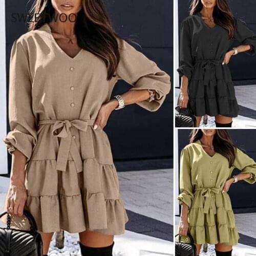 Elegant V-neck Ruffles Bohemian Dress Women Belt Sexy Mini Dress 2021 Autumn High Waist Casual Solid Party Robe