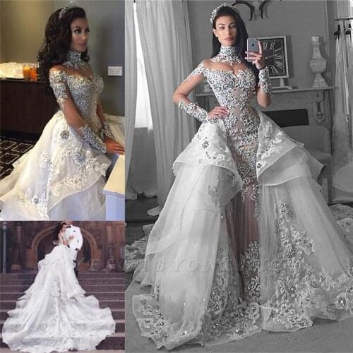 Hot New Arrivals Custom Make Long Wedding Dresses Tulle High-Neck Appliques Detachable-Train Long Sleeves Vestidos De Novia