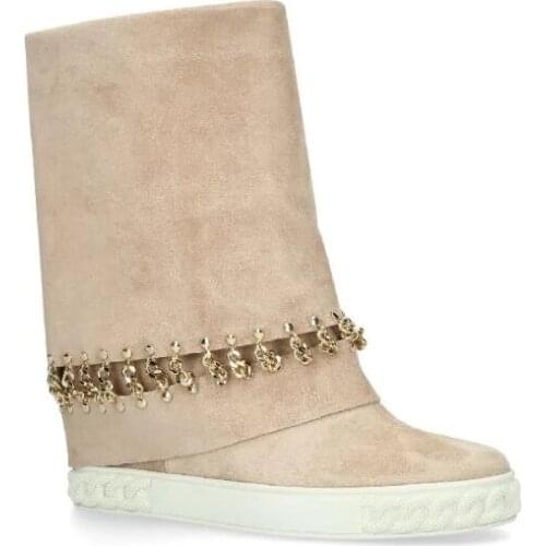 Fashion Woman Round Toe Cutout Linked Chains Decorations Inner Height Increasing Wedge Boots Suede Knee High Boot Riding Boots