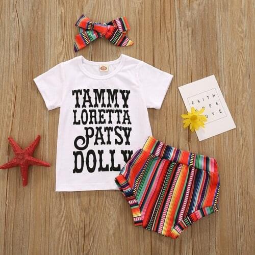 Boys and Girls Baby Set 2020 Kids Cotton Printed Short Sleeve + Striped Shorts + Head Knot Three-piece Set