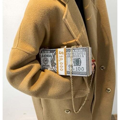 Money Clutch Rhinestone Purse 10000 Dollars Stack of Cash Evening Handbags Shoulder Wedding Dinner Bag 8 Color