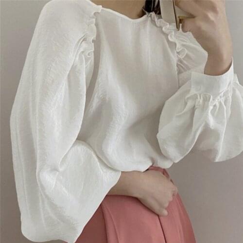 Summer 2021 White Blouse Korean Ins Designer Fashion Shirt Casual Tops Solid Color Long-sleeved O-neck Temperament Shirt 14091