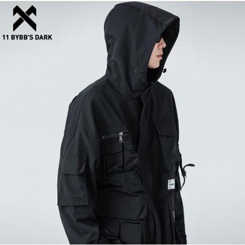 11 BYBBS DARK 2021 Autumn Multi Pockets Buckle Hooded Cargo Jacket Men Outwear Hip Hop Streetwear Techwear Zipper Jacket Coat