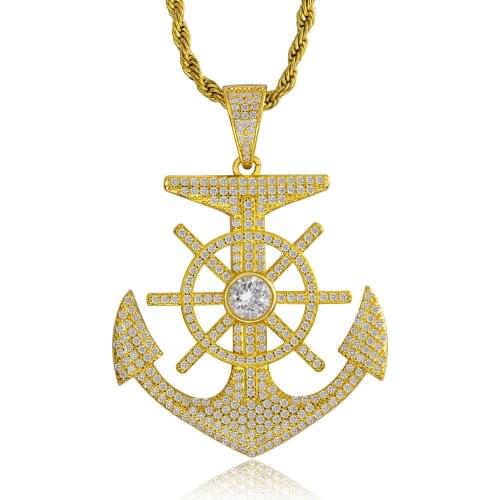 Mens Necklace Hip Hop AAA+ Zircon Rudder Mens Trendy Personality Cool Anchor Pendant Custom Factory Direct Supply