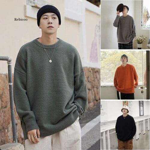 Men Oversized Hip Hop Sweater Pullover Streetwear New Solid Color Knitted Sweater Retro Vintage Autumn Sweaters Cotton
