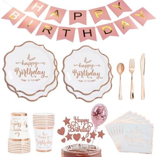 Rose gold party disposable paper plate cup adult birthday wedding bachelor party decoration tableware cake flag girl baby shower