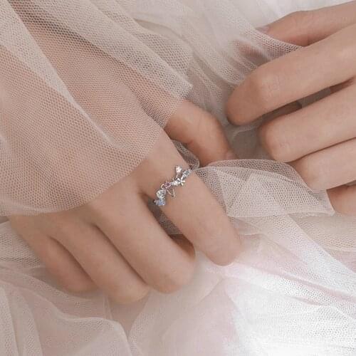 A Girl' Original Style Hand Made Silver Flower Garland Ring Butterfly Blue Water Drop Zircon Ring For Women Girl Birthday Gifts