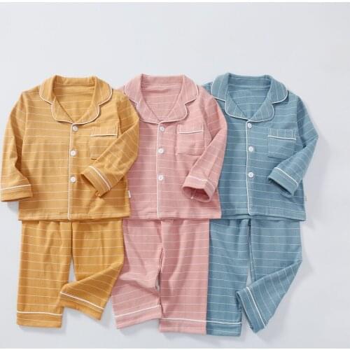 2021 Spring Autumn Winter Kids Pajama Clothing Sets For Boys Girls 2-Piece Coat Style Cotton Striped Homewear Loungewear