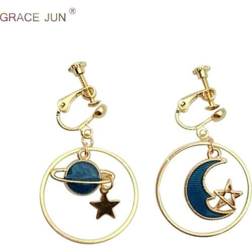 High-grade Gold Color Star Moon Circle Clip on Earrings for Women Luxury Fashion Long Chain Enamel Earth Sky No Pierced Earrings