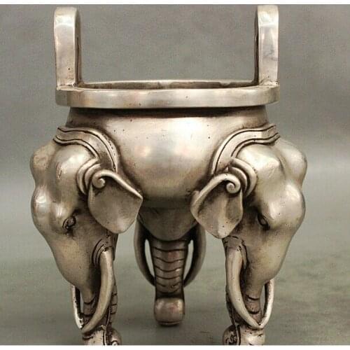 Decoration bronze factory outlets Tibet Silver Chinese Collect Buddhism Brass Silver Elephant Head Statue Incense Burner Censer