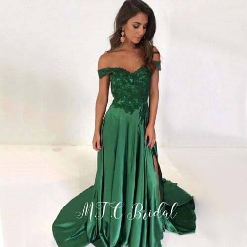 Green Long Evening Dress 2019 High Quality Elastic Satin Lace Appliques Side Slit A Line Women Party Gowns Cheap Robe De Soiree