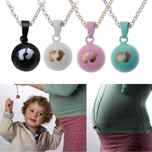 Baby Footprints Brilliant Pregnancy Chime Bola Pendant Harmony Ball Necklace 32" Long Chain for Mother Baby Jewelry