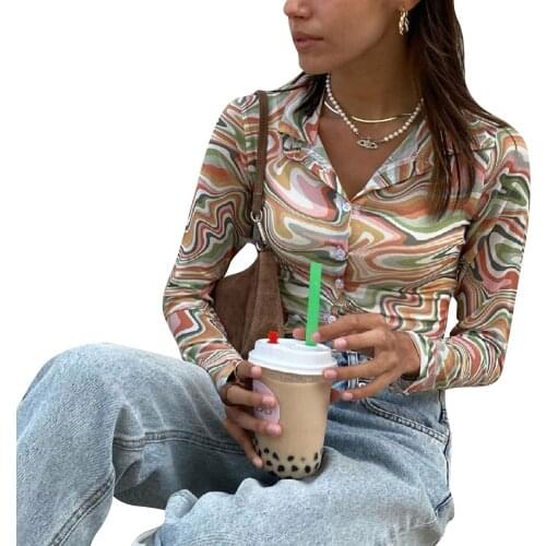 2021 Fashion Y2K Water Ripple Print Shirt Women Long Sleeve Turn-Down Collar Slim Fit Blouses Vintage Sexy Casual Short Tops